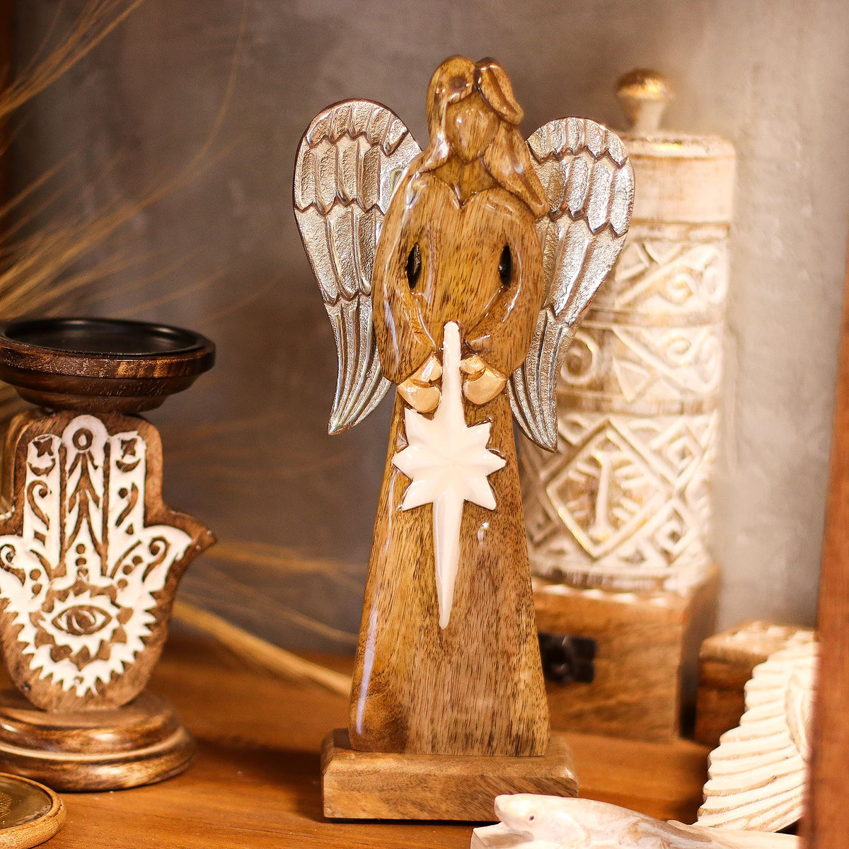 Large Mango Wood Peace Angel - Metal Wings & Enamel Detail