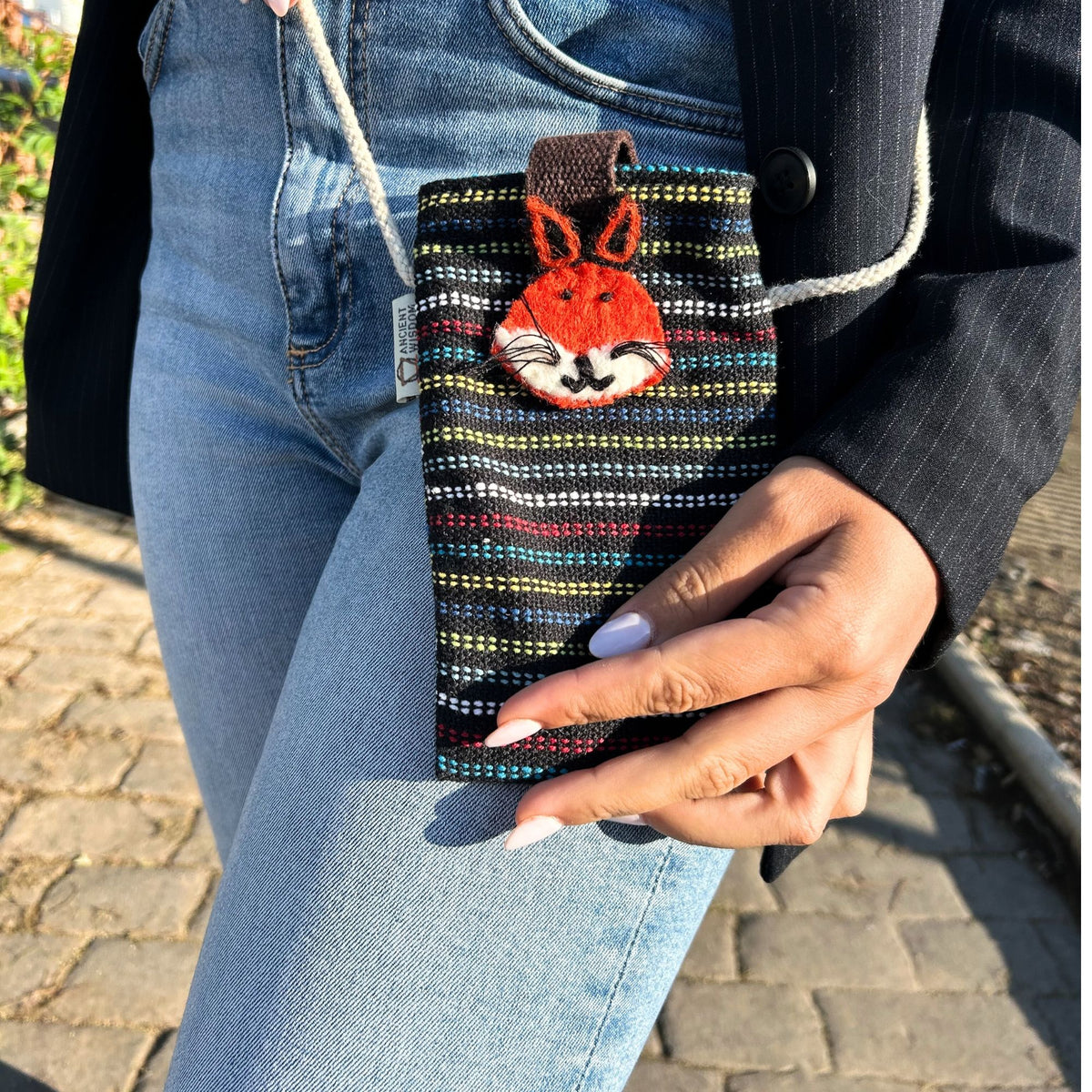 Phone Holder Bag Black and Multi - Fox Decor