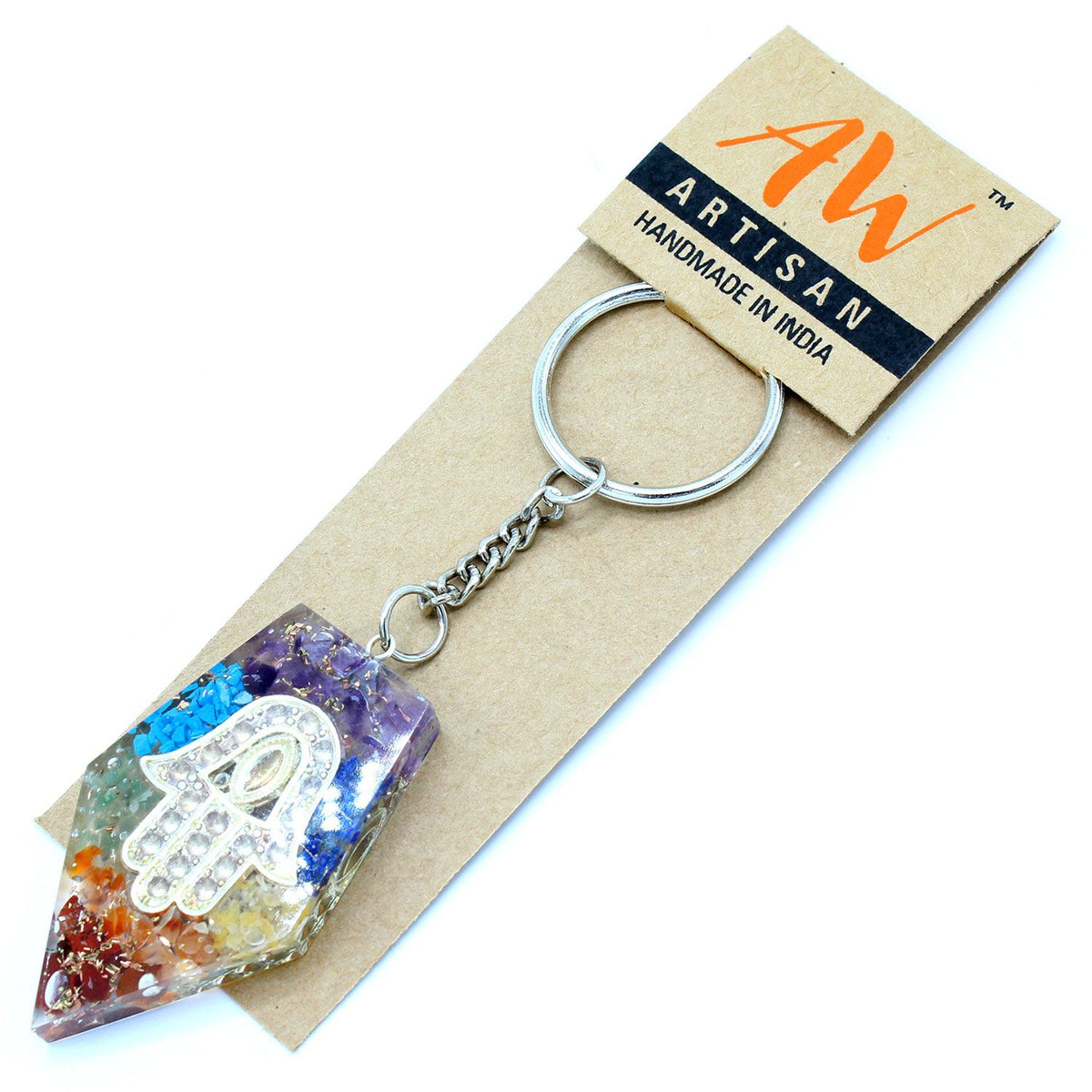 Orgonite Power Keyring – Gemstone Chakra Hamsa