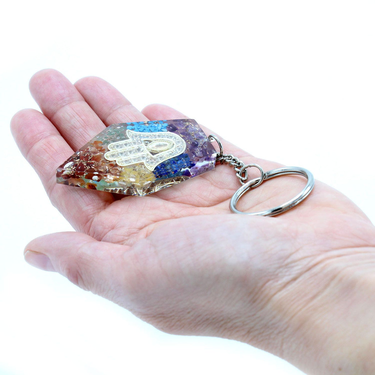 Orgonite Power Keyring – Gemstone Chakra Hamsa