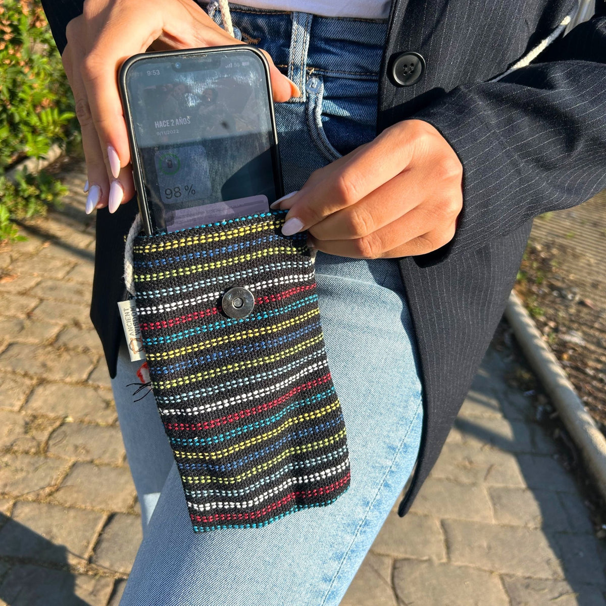 Phone Holder Bag Black and Multi - Fox Decor