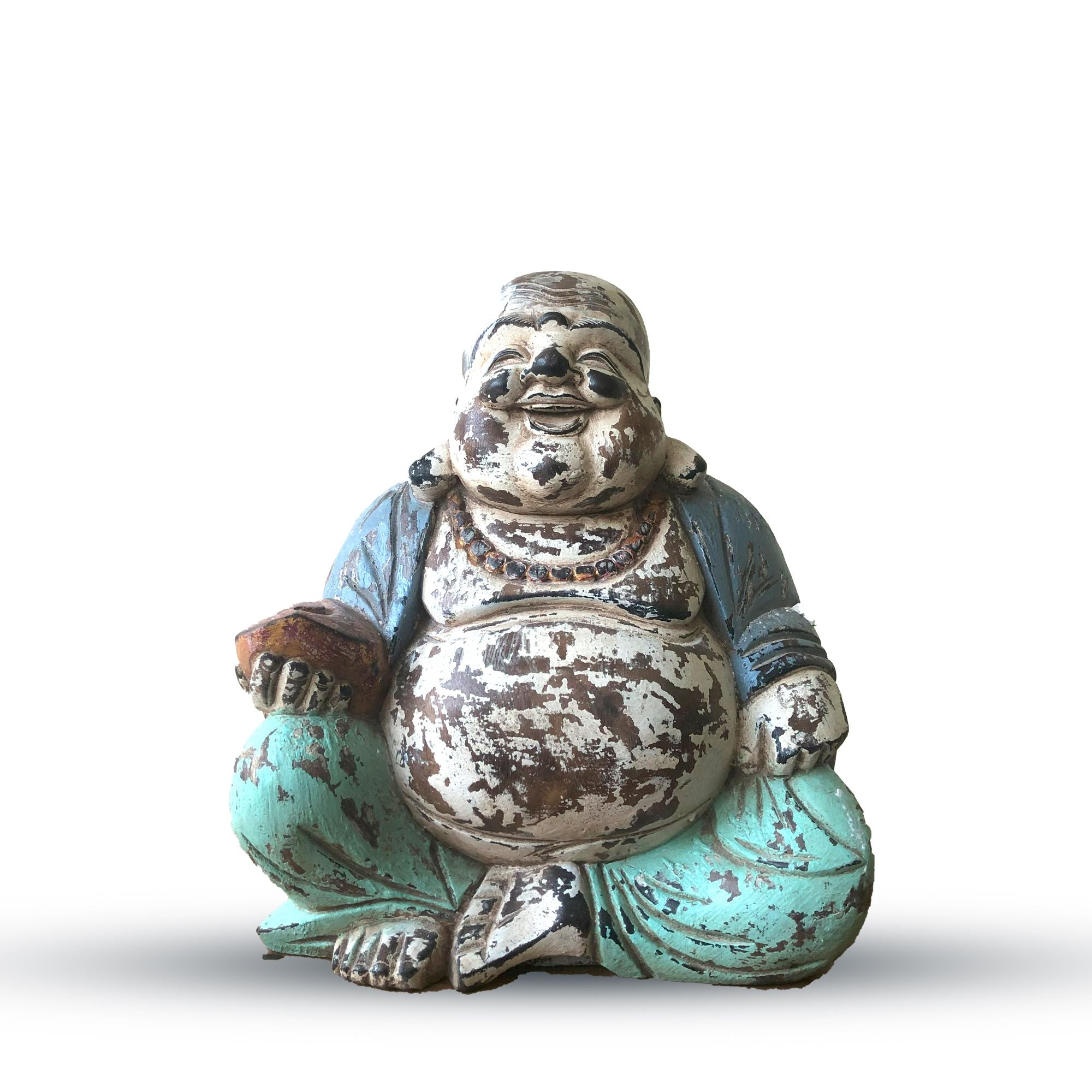 Vintage Blue Mint Hand Carved Buddha 30cm Happy
