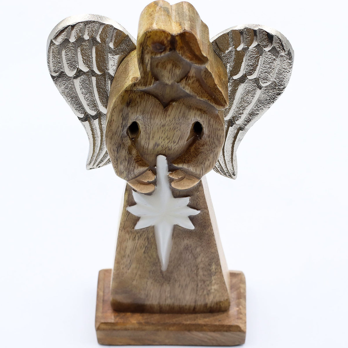Large Mango Wood Peace Angel - Metal Wings & Enamel Detail
