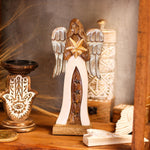 Large Mango Wood Star Angel - Metal Wings