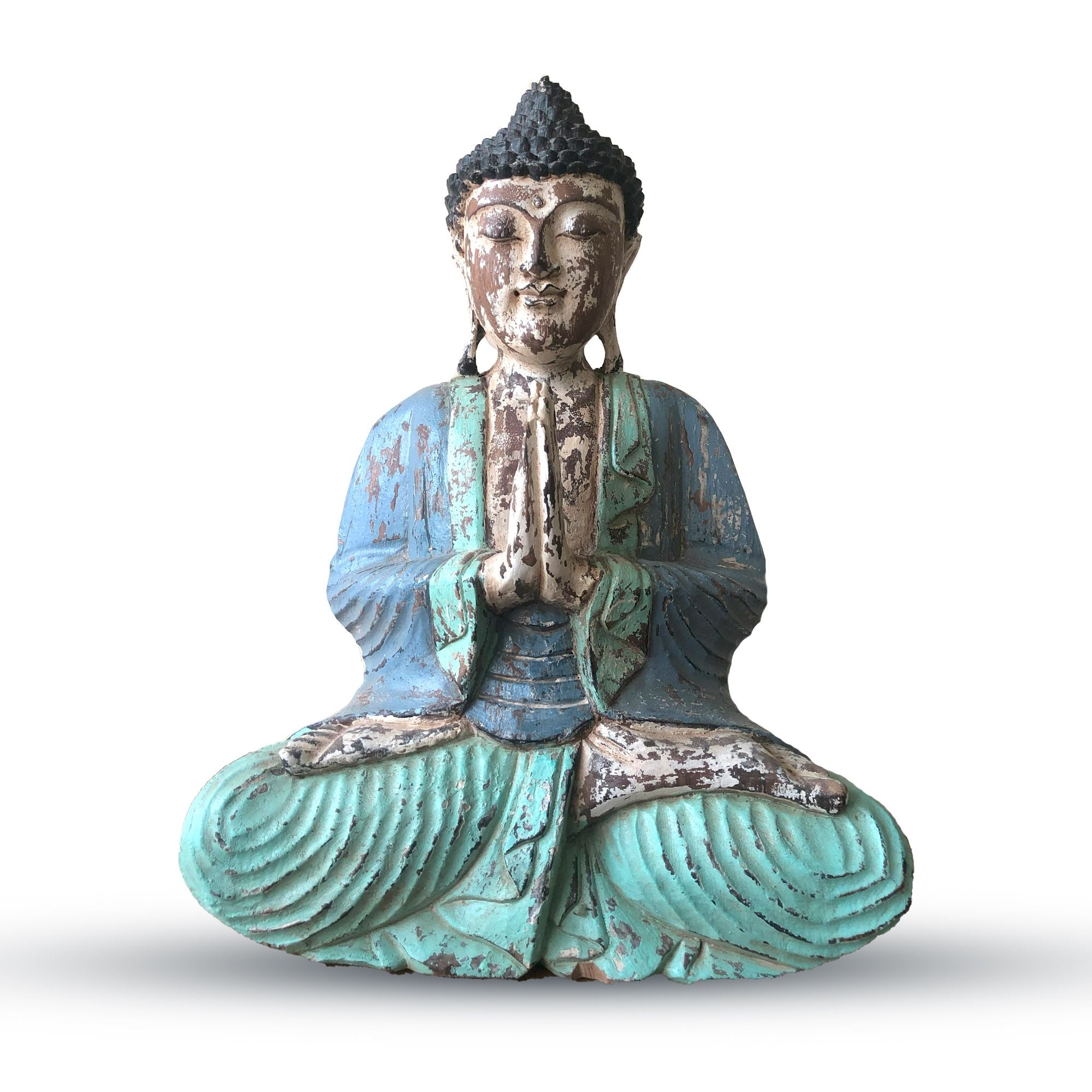 Vintage Blue Mint Hand Carved Buddha 40cm Welcome