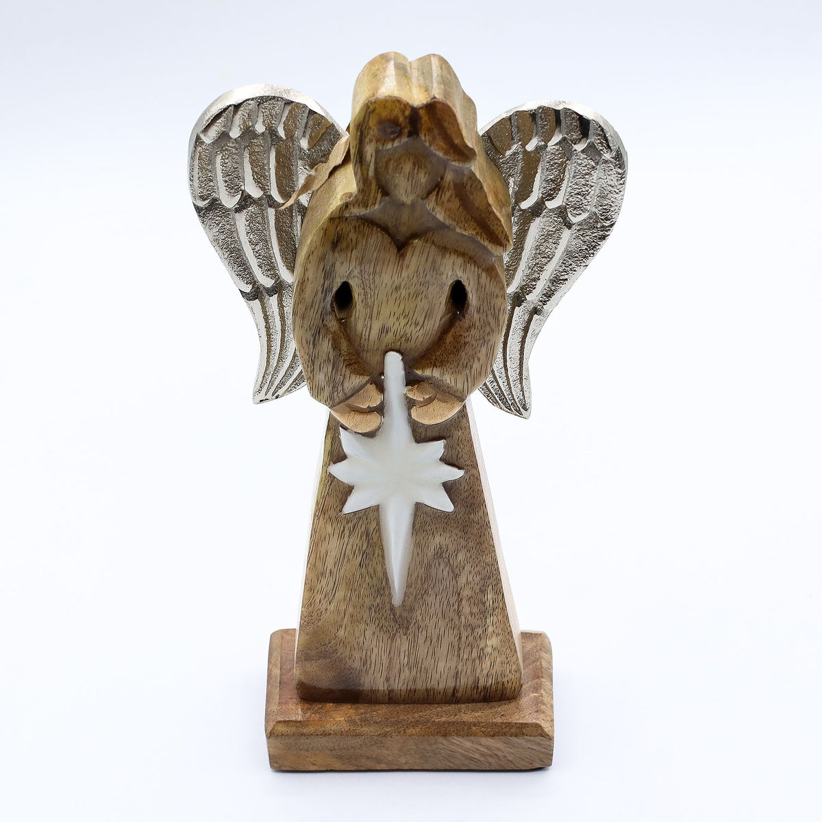 Large Mango Wood Peace Angel - Metal Wings & Enamel Detail