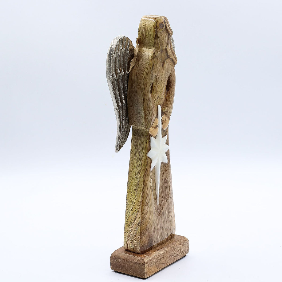 Large Mango Wood Peace Angel - Metal Wings & Enamel Detail