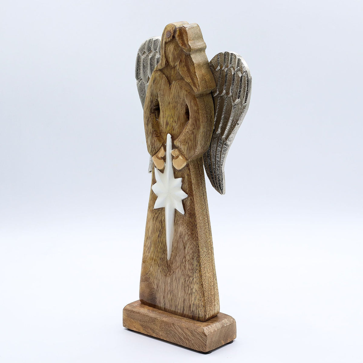 Large Mango Wood Peace Angel - Metal Wings & Enamel Detail
