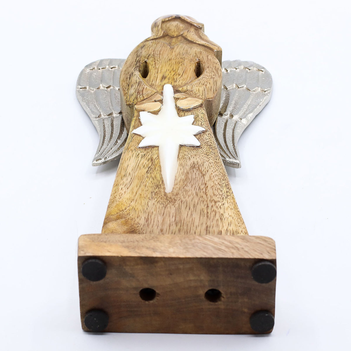 Large Mango Wood Peace Angel - Metal Wings & Enamel Detail
