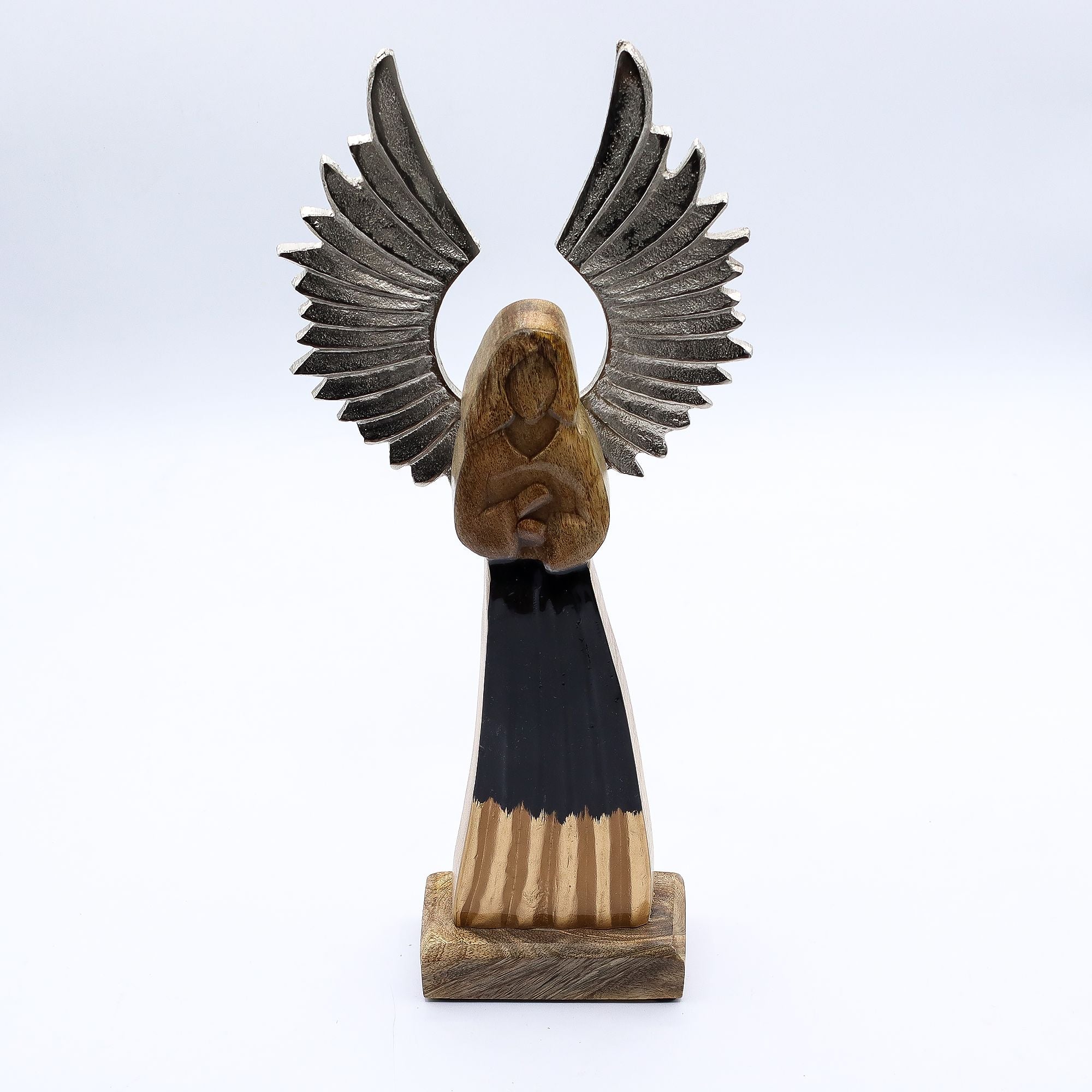 Large Mango Wood Guardian Angel - Metal Wings & Enamel