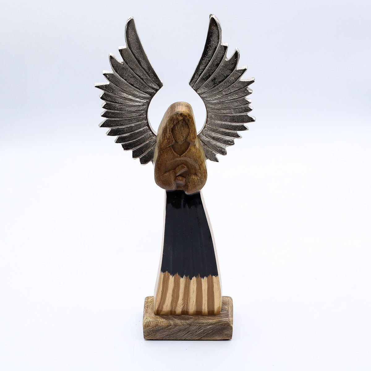 Large Mango Wood Guardian Angel - Metal Wings & Enamel