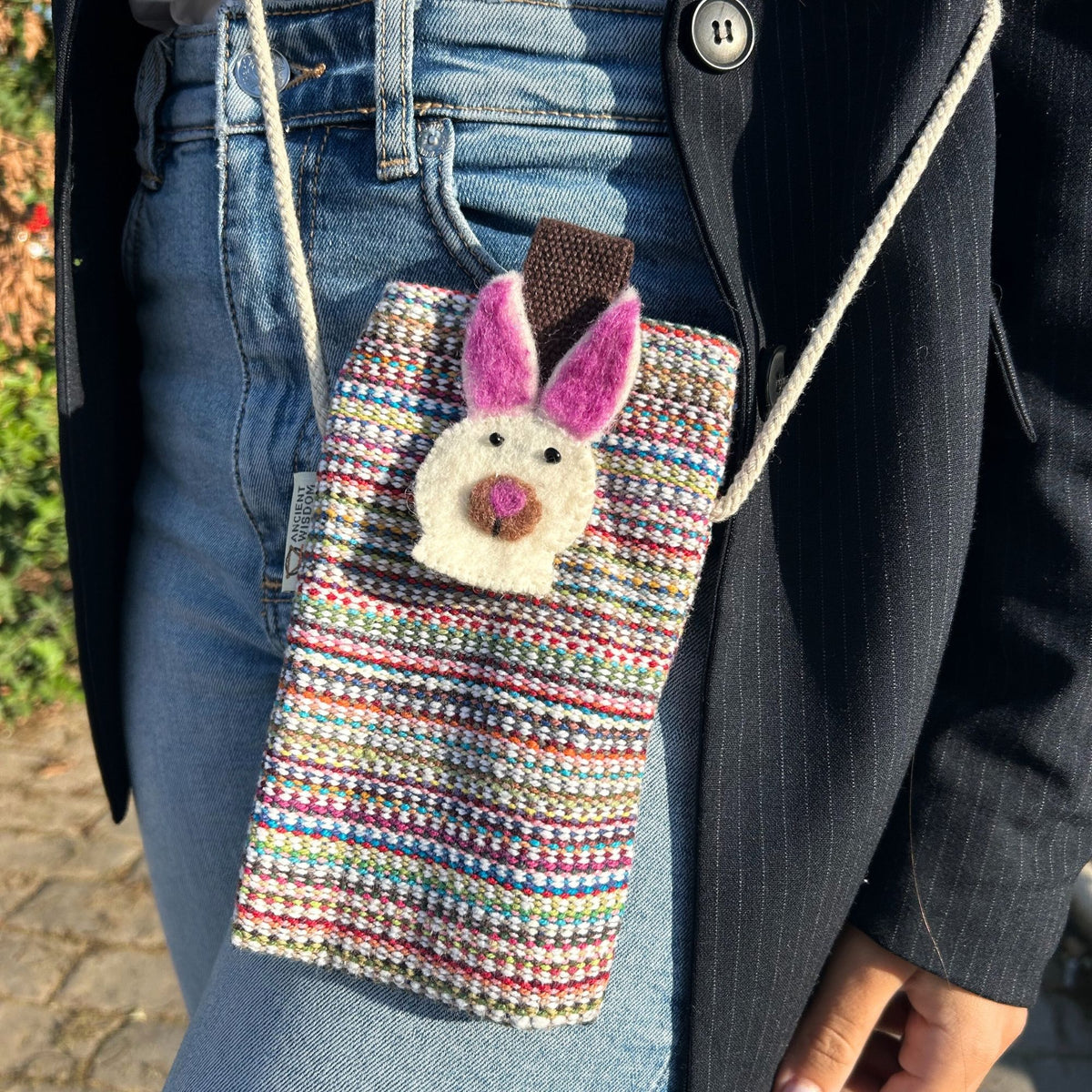 Phone Holder Bag - Pink Stripes Bunny Decor