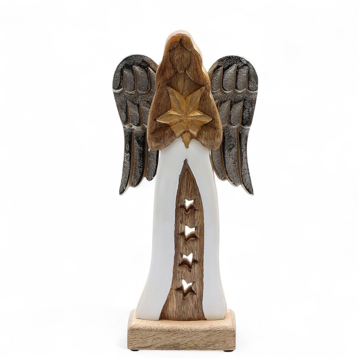 Large Mango Wood Star Angel - Metal Wings