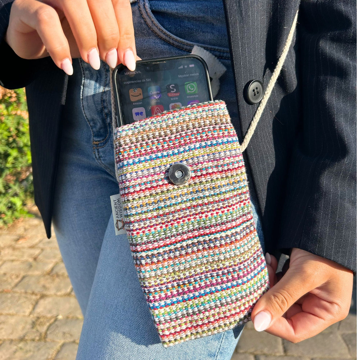 Phone Holder Bag - Pink Stripes Bunny Decor