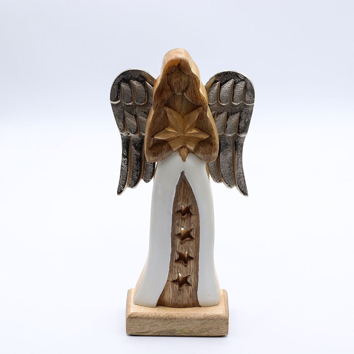 Large Mango Wood Star Angel - Metal Wings