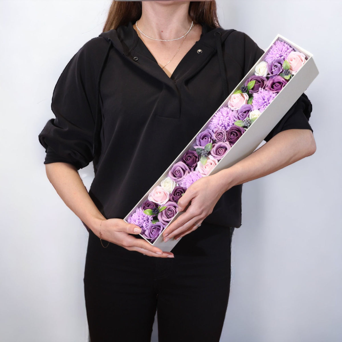 Soap Flowers Extra Long Gift Box - Lavender Rose & Carnation - Angled view - ORIVON Collection