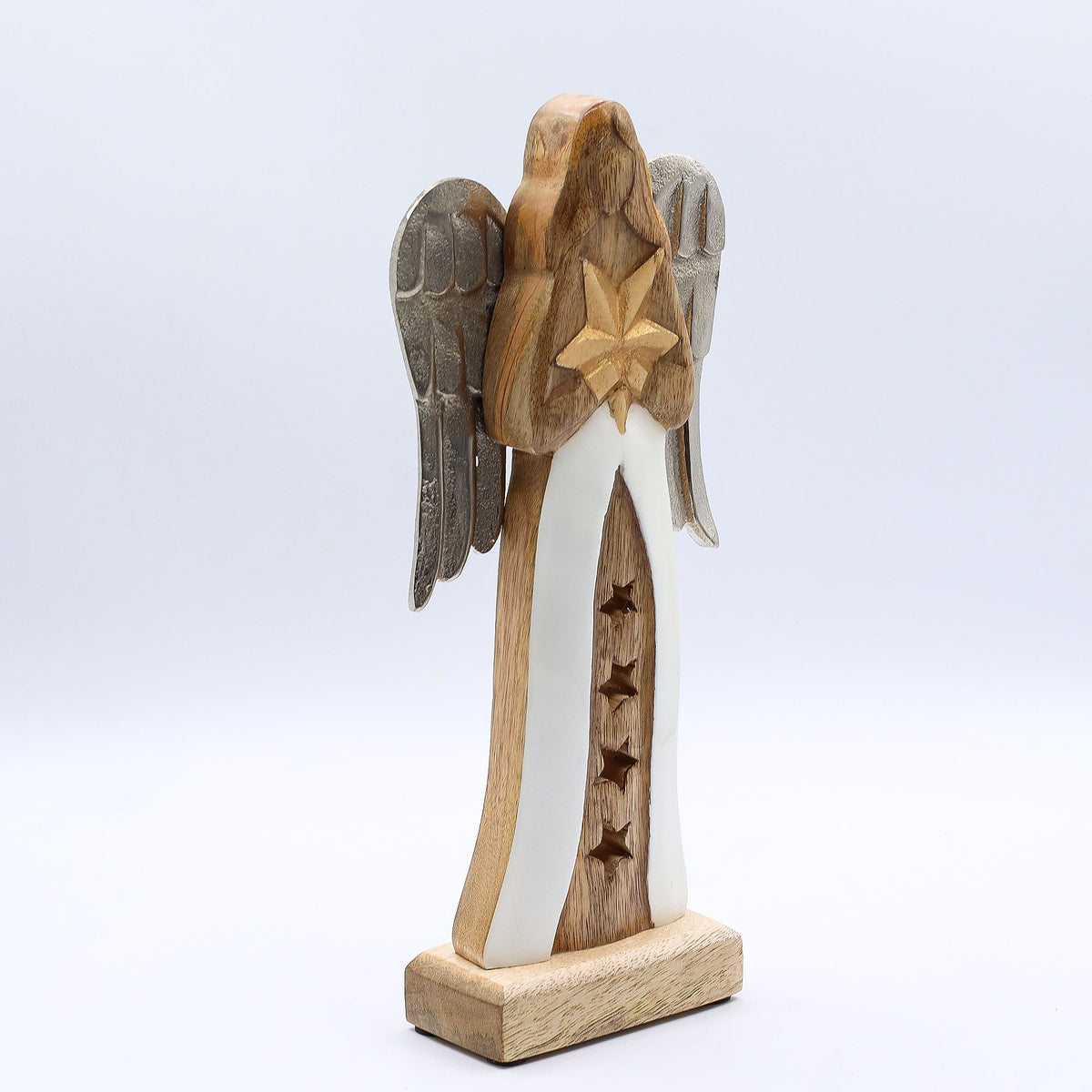 Large Mango Wood Star Angel - Metal Wings