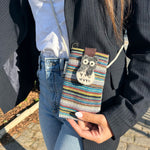 Phone Holder Bag - Multi White Stripes Owl Decor