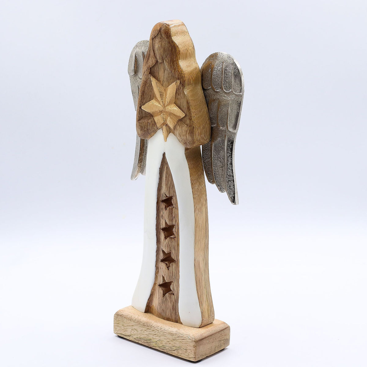 Large Mango Wood Star Angel - Metal Wings