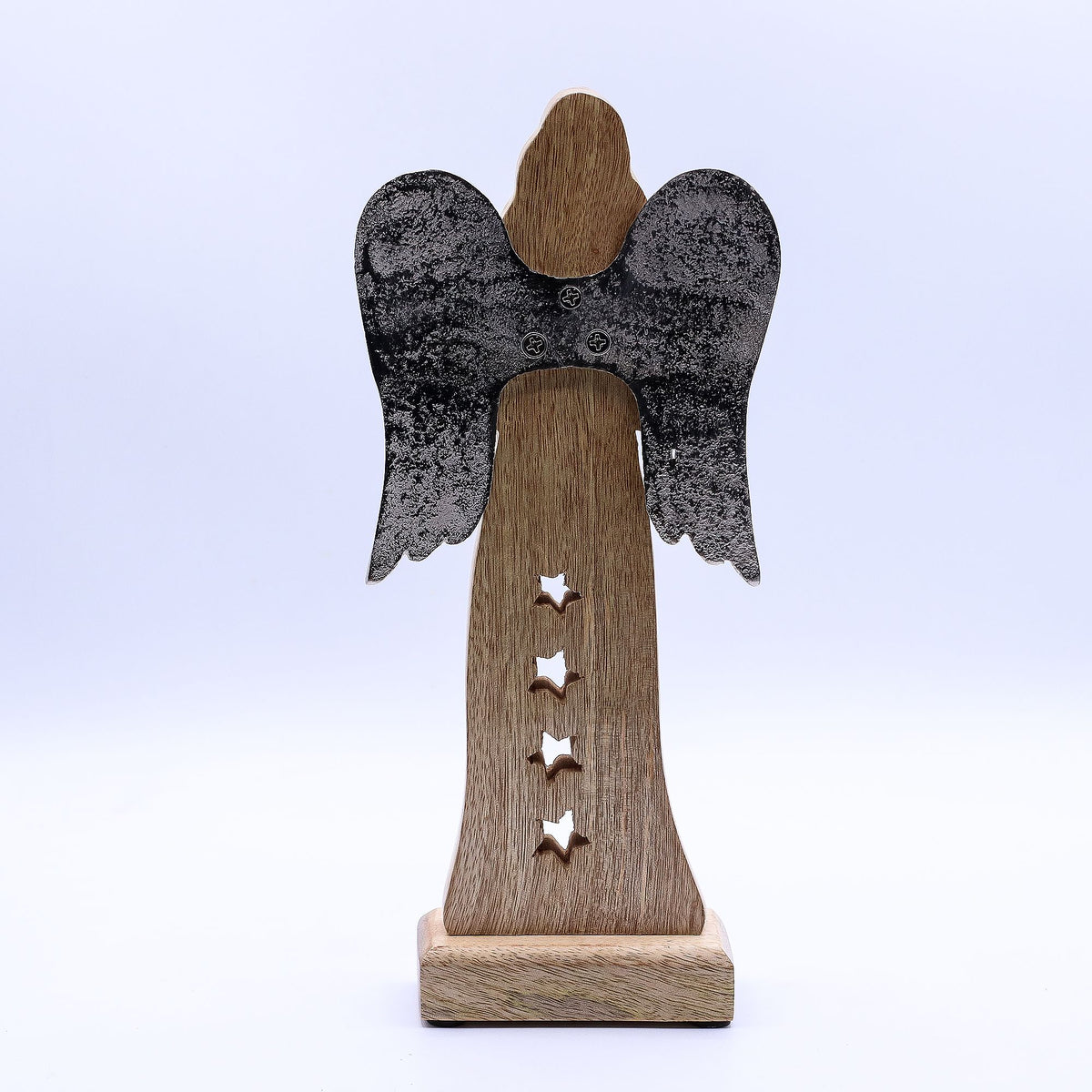 Large Mango Wood Star Angel - Metal Wings
